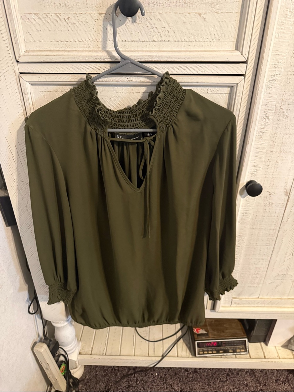 New York & Company Olive Green Smocked-Neck Blouse